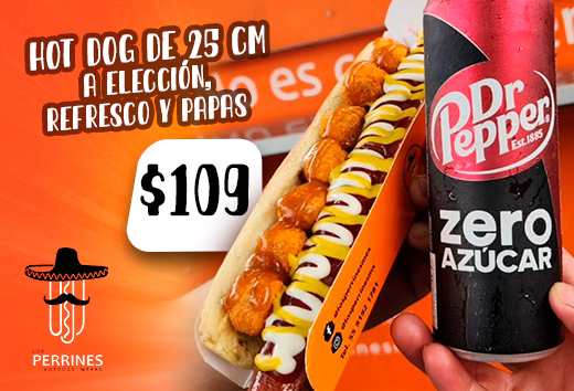 Hot Dog de 25 cm, refrescoÂ yÂ papasÂ $109