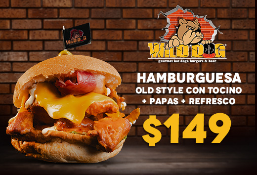 Hamburguesa Old Style con tocino + papas + refresco $149